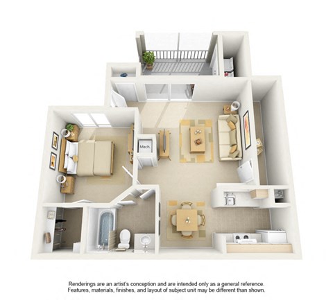 Floor plan for 1 bed, 1 bath, 876 sqft